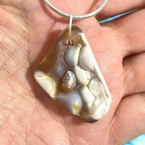 Tampa Bay Fossil Coral Agate & Freeform Pearl Pendant Silver Plated Necklace